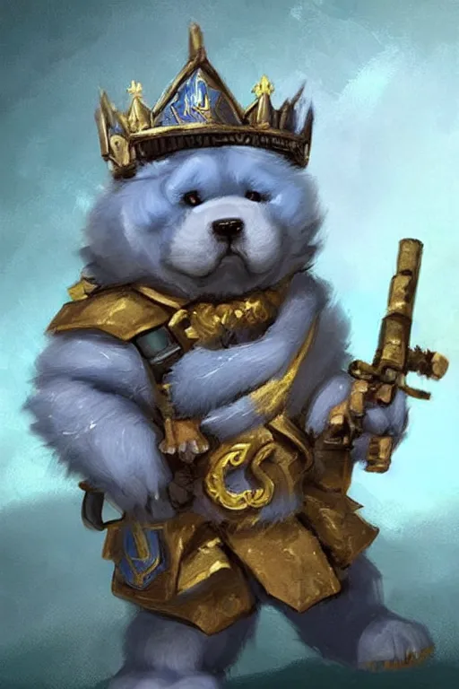 Image similar to cute anthropomorphic blue tong chow chow knight wearing a cape and a crown and holding a sniper, tiny, small, miniature chow chow, baby animal, short, pale blue armor, cute and adorable, pretty, beautiful, DnD character art portrait, matte fantasy painting, DeviantArt Artstation, by Jason Felix by Steve Argyle by Tyler Jacobson by Peter Mohrbacher, cinematic lighting