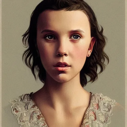 Image similar to millie bobby brown, traditional corsican, intricate, highly detailed, artstation, illustration, jurgens, rutkowski, bouguereau