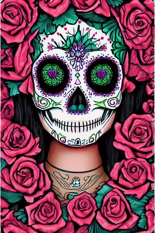 Image similar to illustration of a sugar skull day of the dead girl, art by lixin yin