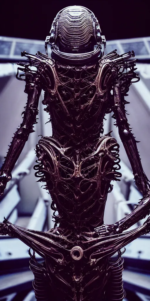 Image similar to space station, walking down the catwalk, stage, vogue photo, podium, fashion show photo, iris van herpen baroque dress, helmet on face, beautiful woman, perfect body, full body shot, masterpiece, guyver, giger, biomechanical details, denis villeneuve, legendary dragon, cinestill, bokeh, artstation