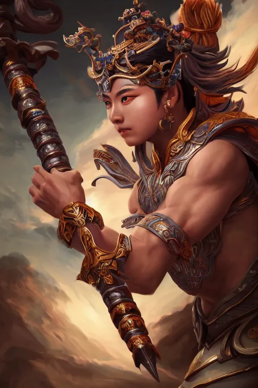 Image similar to a masterpiece portrait of nezha, legendary god holding spear, hero action pose, fantasy character portrait, hyper detailed, digital painting, 8 k realistic, trending on artstation, sharp focus, dof, by fenghua zhong, artgerm, ne zha from smite, tsuyoshi nagano, phonenix in background