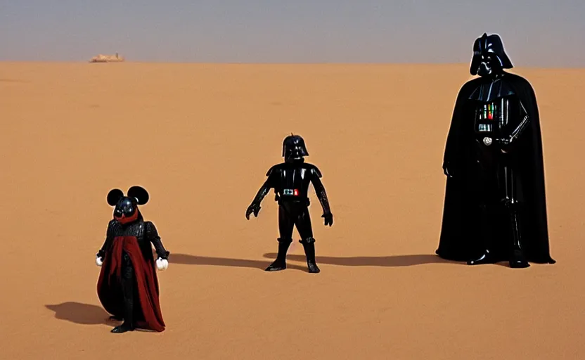 Prompt: ''Darth Vader and Mickey mouse at Tatooine, sand, tatooine, ship, dunes''