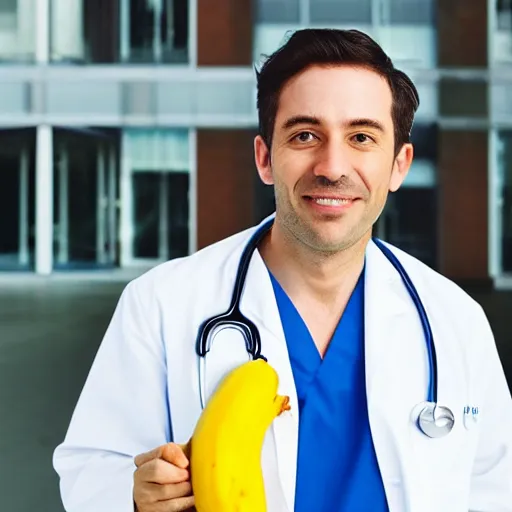 Prompt: “male doctor wearing a banana costume with a stethoscope, white coat, hyper realistic in front of a hospital, 4k”