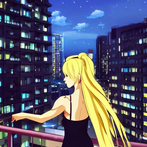 Prompt: a blonde woman with a ponytail wearing black stands on her balcony over a city street at night, anime style, 4k