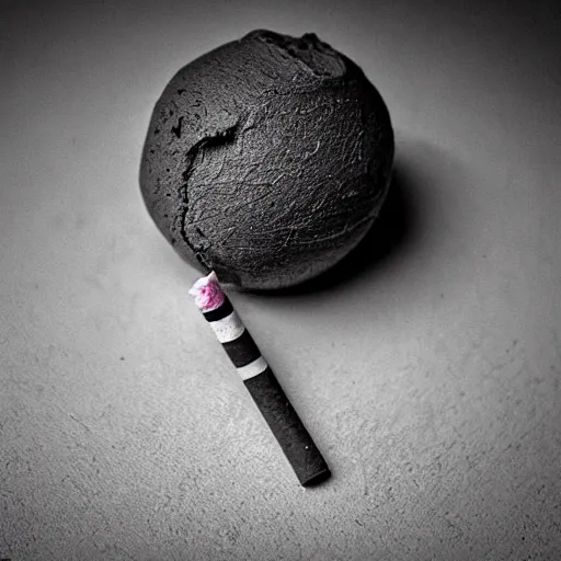 Prompt: a clay ball with a cigarette pinned on it inside of a mental ward, somber, dark, detailed