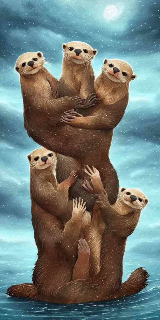 Image similar to family of adorable otters falling in love holding hands side by side, all alone in the middle of a scary storm at sea, fantasy illustration, cinematic, award winning, romantic, detailed trending on artstation, masterpiece