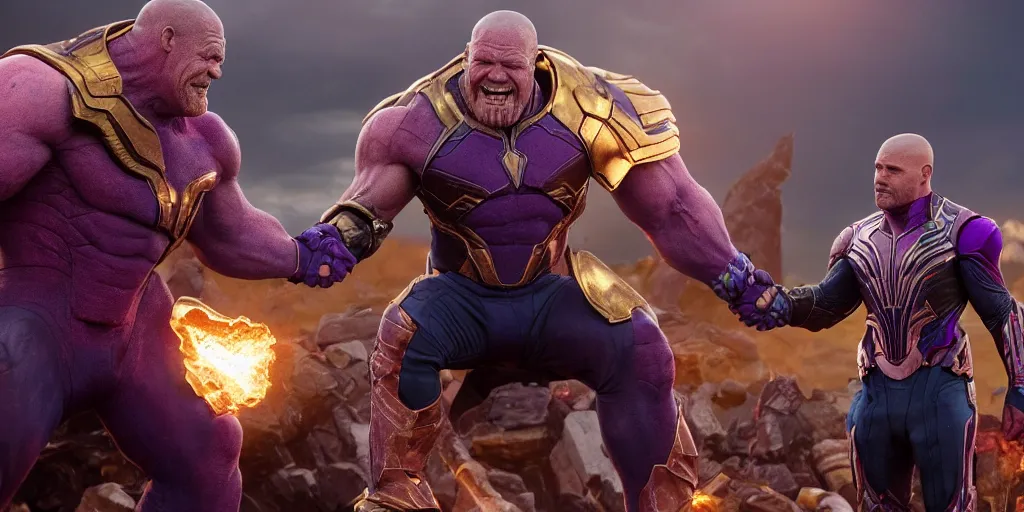 Prompt: a octane render jimmy donaldson in marvel shaking hands with thanos, by waya steurbaut entertainment, dark, intricate, highly detailed, smooth, artstation, high resolution film render 100k, photo realistic style, epic, colourful, close up shot, 3D