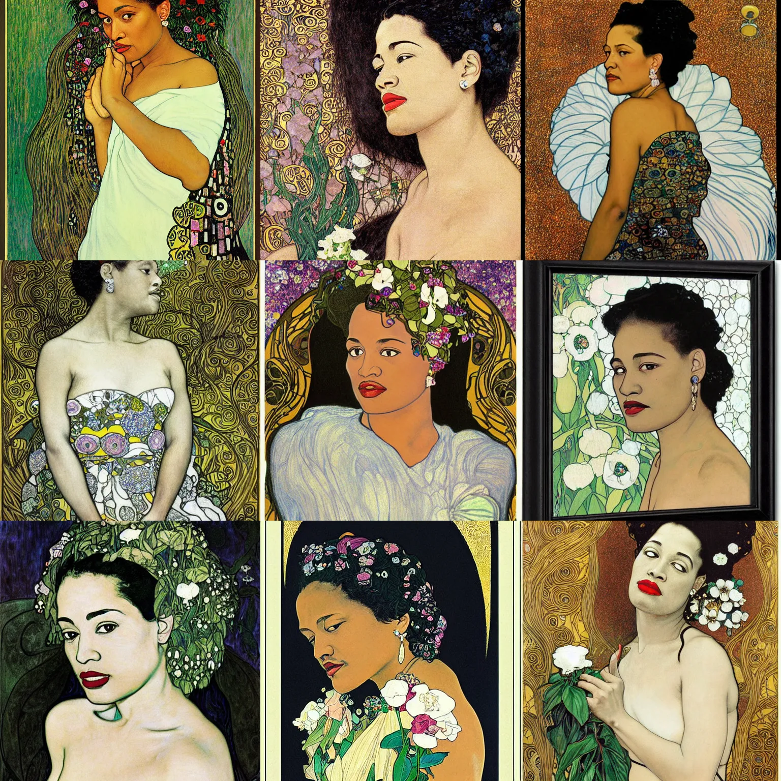 Prompt: Official portrait of billie holiday, large white gardenia in her hairs, by gustav klimt and Alphonse Mucha in the style of art nouveau, melancholic, minimalism, masterpiece