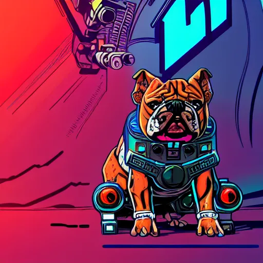 Image similar to « a comic styled painting of a cyborg bulldog sitting down, cyberpunk digital art by greg rutkowsky, illustration, colourful, sharp focus, highly detailed, future tech, sketchfab »