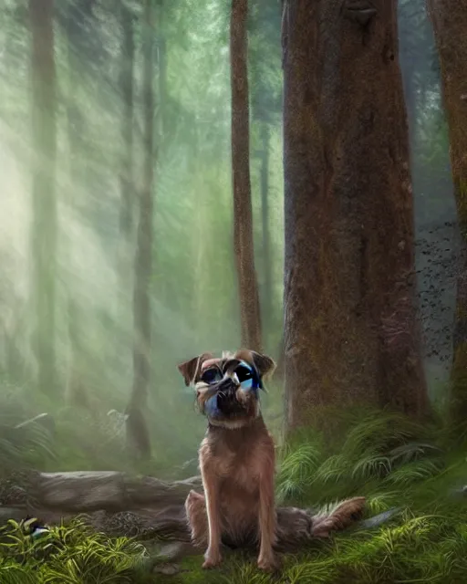 Prompt: magical border terrier in the forest , realistic cinematic,volumetric lighting,centered, symmetrical,sharp focus,digital painting, mystical art, smooth ,trending on Artstation ,4k