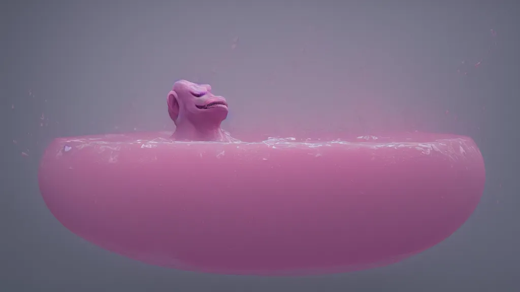 Prompt: a creature silhouette in a large vat of pink liquid, photorealistic, octane render 8 k uhd