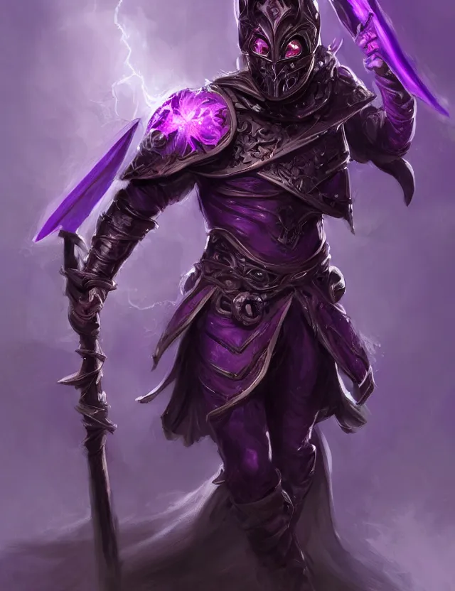 Image similar to a masked warrior in purple armour glowing violet, wielding a large purple sword that flashes with lightning, by frank fazetta and peter mohrbacher, trending on artstation, digital art, 4 k resolution, detailed, high quality, hq artwork, coherent, insane detail, concept art, character concept, character full body portrait