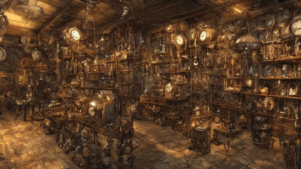 Image similar to A steampunk store, by Danar Worya, ultra detailed displays of weapons and clockwork machinations densely packed on shelves, volumetric lighting, 8k, unreal engine, trending on artstation