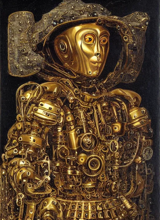 Image similar to a portrait of a shiny metallic renaissance steampunk robot, in the style of Jan van Eyck,