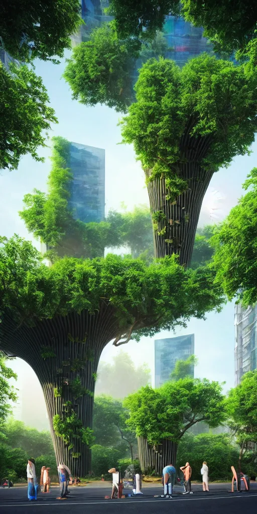 Prompt: high quality photo of futurist biophilic vertical city with giant oak tree in the middle and homeless people praying cinematic lighting