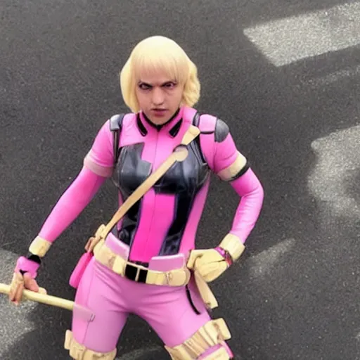 Image similar to A still of Gwenpool in Deadpool 3 (2023), blonde hair with pink highlights, no mask, light-pink costume