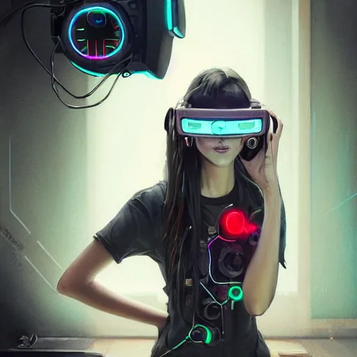 Image similar to portrait of a beautiful cybernetic raver girl wearing a oculus rift headset in a dirty japanese apartment, cyberpunk concept art by pete mohrbacher and artgerm and wlop and greg rutkowski, digital art, highly detailed, intricate, sci-fi, neon colors, sharp focus, Trending on Artstation HQ, deviantart, unreal engine 5, 4K UHD image