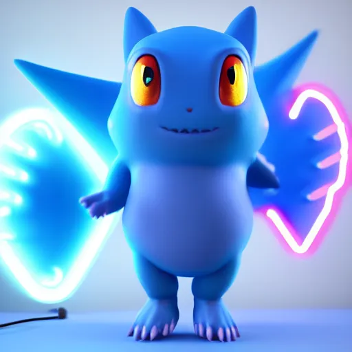 Image similar to nymph render of a very cute 3d Munchlax pokemon, adorable eyes, cute smile, full round face, neon lights in background wall, serene studio setting, medium shot, mid-shot, highly detailed, trending on Artstation, Unreal Engine 4k