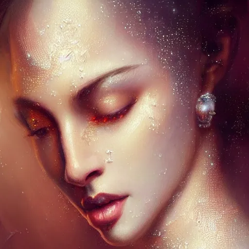 Image similar to a beautiful portrait of a pearl goddess with glittering skin, a detailed painting by greg rutkowski and raymond swanland, featured on cgsociety, fantasy art, detailed painting, artstation hd, photorealistic