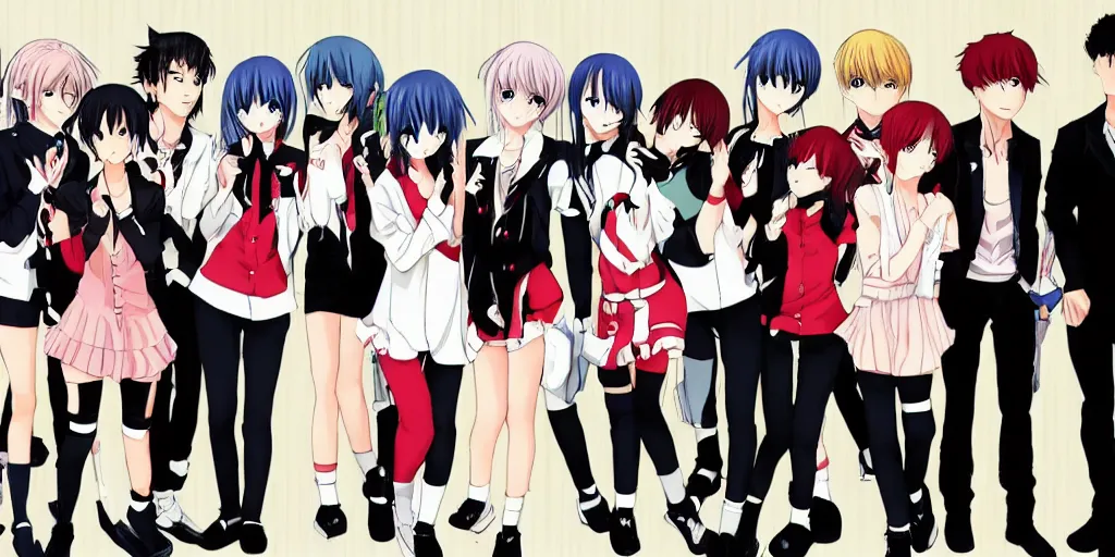 Image similar to 2 anime girls posing with 6 anime boys