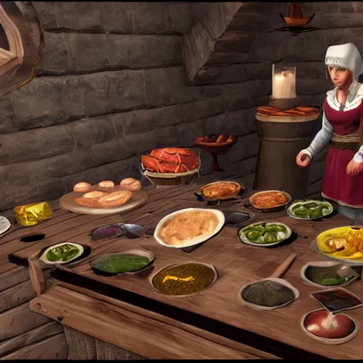 Prompt: mediaeval cooking mama skyrim, 4 k