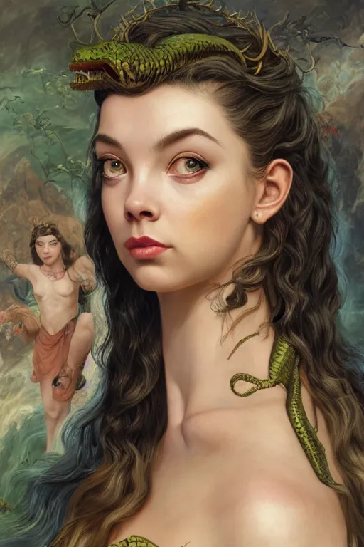 Image similar to A fantasy comic book style portrait painting of Anya Taylor-Joy, hybrid, Sophia Loren, as an Atlantean Reptilian Warrior, François Boucher, Oil Painting, Mystical Valkyrie, unreal 5, DAZ, hyperrealistic, octane render, Regal, Refined, Detailed Digital Art, RPG portrait, William-Adolphe Bouguereau, Michael Cheval, Walt Disney (1937), Steampunk, dynamic lighting, Highly Detailed, Cinematic Lighting, Unreal Engine, 8k, HD