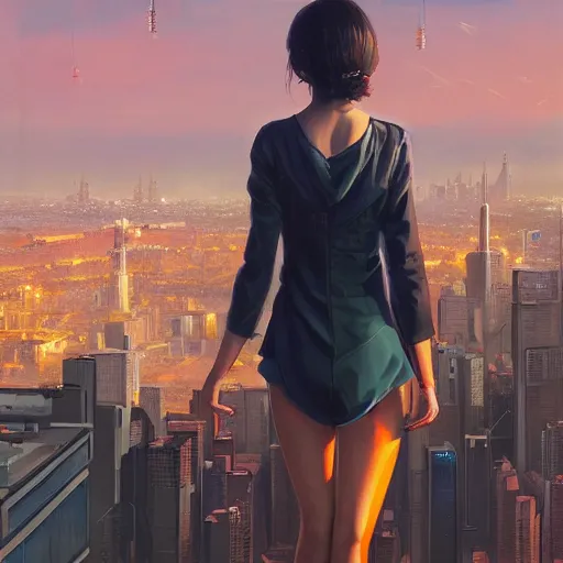 Prompt: a ultra detailed beautiful painting of a young woman on top of a building looking at a cyberpunk city, a view from behind, oil panting, high resolution 4 k, by ilya kuvshinov, greg rutkowski and makoto shinkai