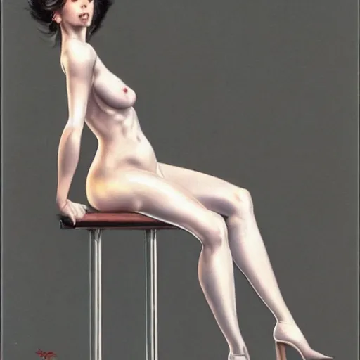 Prompt: artstation a woman seductively posing on a stool, by Hajime Sorayama, very detailed, , portrait, high contrast