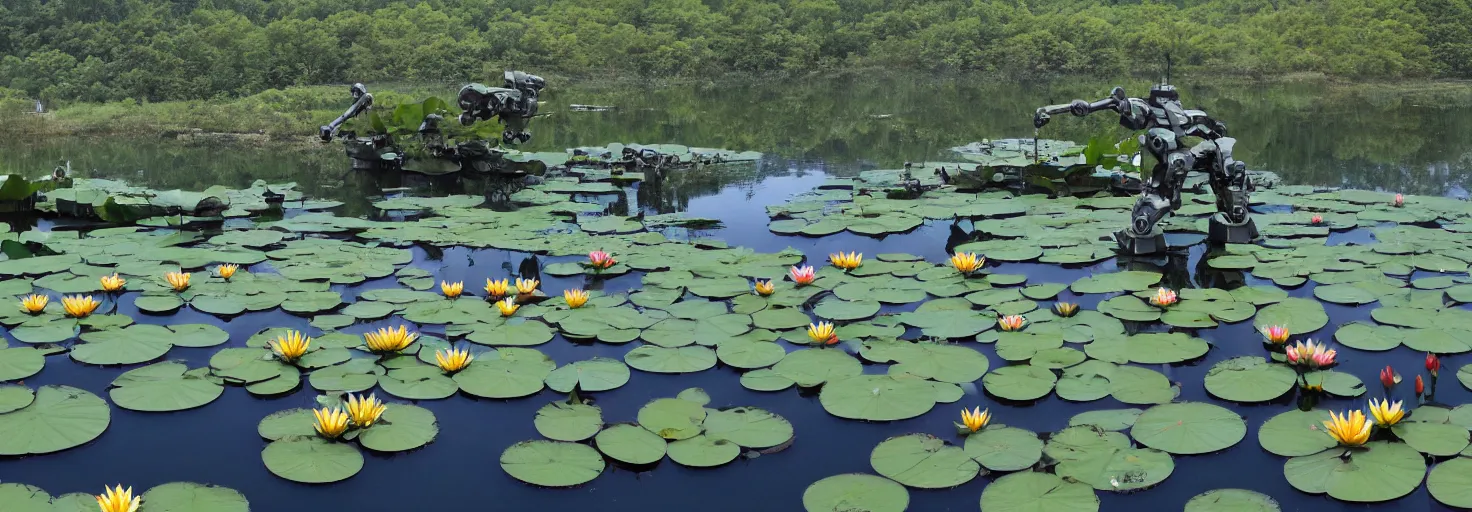 Image similar to A large combat robot lies in the shallow waters of a lake in front of a giant mountain at sun dawn, water lilies float on the surface of the water