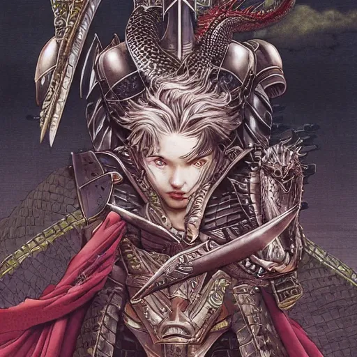 Image similar to a female knight without any battle experience who only wanted to see a dragon, symmetrical, cinematic colors, by yoichi hatakenaka, masamune shirow, josan gonzales and dan mumford, ayami kojima, takato yamamoto, barclay shaw, karol bak, yukito kishiro