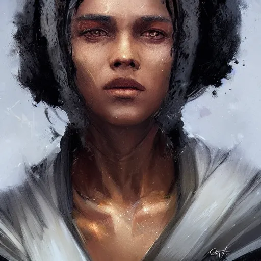 Image similar to portrait of a woman by greg rutkowski, youn jedi knight, black, afro hair, prettt, star wars expanded universe, she is about 2 0 years old, wearing jedi robes, highly detailed portrait, digital painting, artstation, concept art, smooth, sharp foccus ilustration, artstation hq