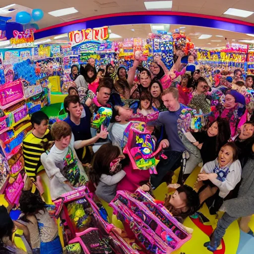 Image similar to a moshpit inside toys r us, wide lens shot, 3 0 mm, f 2. 8, photo realistic high quality hd 8 k flash photography