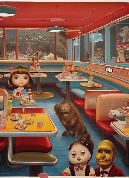 Prompt: highly detailed wide - angle portrait of a retro 1 9 6 0 s diner, nicoletta ceccoli, mark ryden, lostfish, earl nore, hyung tae, frank frazetta, global illumination, god rays, detailed and intricate environment