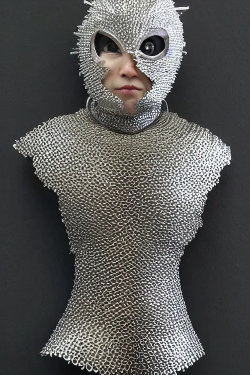 Image similar to female adventurer in tight full - body chainmail - style armor made out of several hundred sticky notes and a white porcelain crow mask, trending in artstation, japanese, artstation, establishing shot