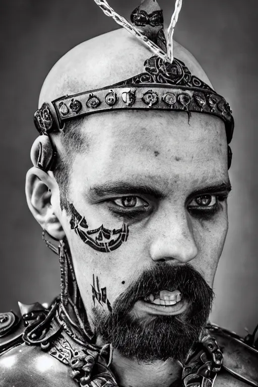 Prompt: a cinematic view of wide bw photo from a very ornated old renato aragao viking, shaved haircut, mexican mustache, showing nordic tattoos in the head, using leather armour with necklace of bones, naughty expression, photorealistic, volummetric light, depth of field, detailed, texturized, zeiss lens high professional mode