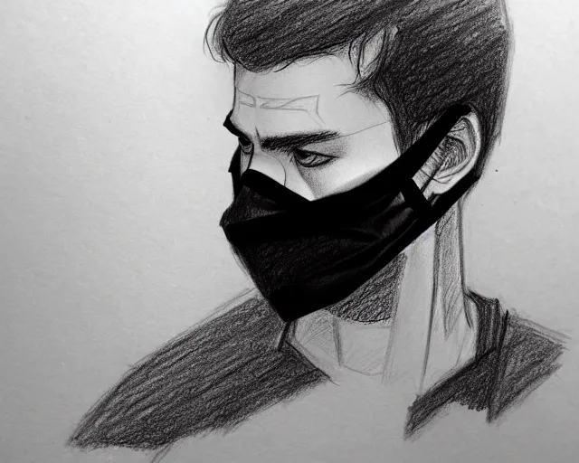 Image similar to draft drawing of a european young man covering face with fabric mask, draft sketch, trending on artstation, context art, pencil sketch, high detail