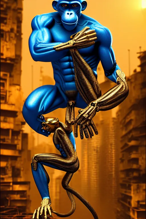 Image similar to high quality 3 d render ultra realistic mischievous cyborg muscular man monkey blue hybrid sitting, gold madhubani, highly detailed, cyberpunk!! mumbai in the background, unreal engine cinematic smooth, szukalski & blade runner, moody light, low angle, uhd 8 k, sharp focus