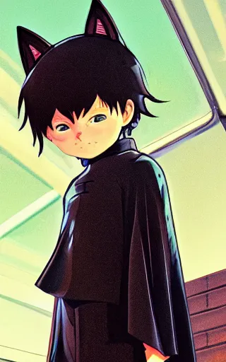 Prompt: little boy with cat ears wearing an black latex suit with cape. digital painting made by makoto shinkai and james jean and kohei horikoshi, inspired western comic, perfect composition, highly sharp details, smooth, anatomically correct