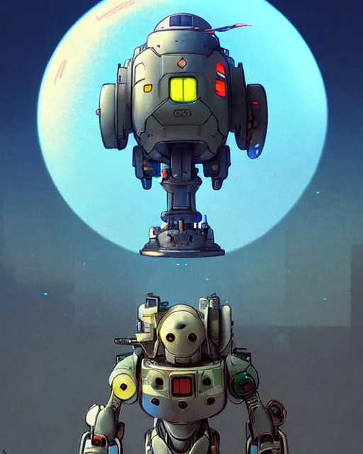 Image similar to bastion the friendly robot from overwatch, with his pet bird, character portrait, portrait, close up, concept art, intricate details, highly detailed, vintage sci - fi poster, retro future, in the style of chris foss, rodger dean, moebius, michael whelan, katsuhiro otomo, and gustave dore