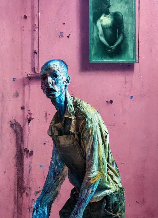 Prompt: an insane, skinny, artist wearing dirty, torn overalls, expressive painting, inside a grand messy studio, depth of field, hauntingly surreal, highly detailed oil painting, by francis bacon, edward hopper, adrian ghenie, glenn brown, soft light 4 k in pink, green and blue colour palette, cinematic composition, high quality octane render, masterpiece