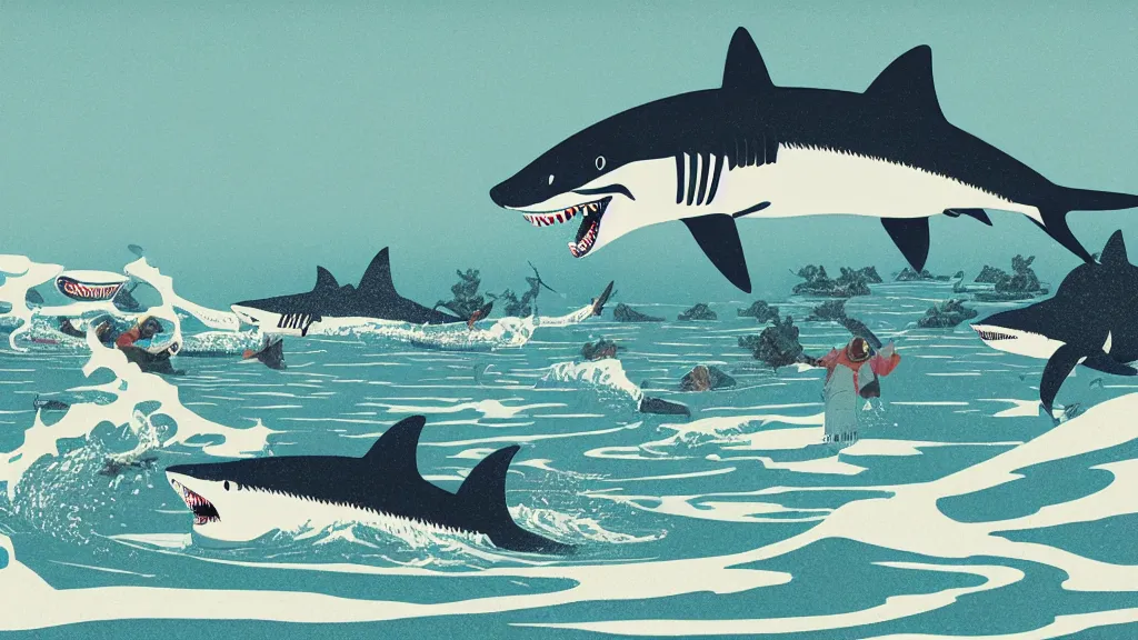 Image similar to A winter in hell, sharks surfacing from the lake, flat design, screen print by Kawase Hasui and dan hillier, 8k unreal engine