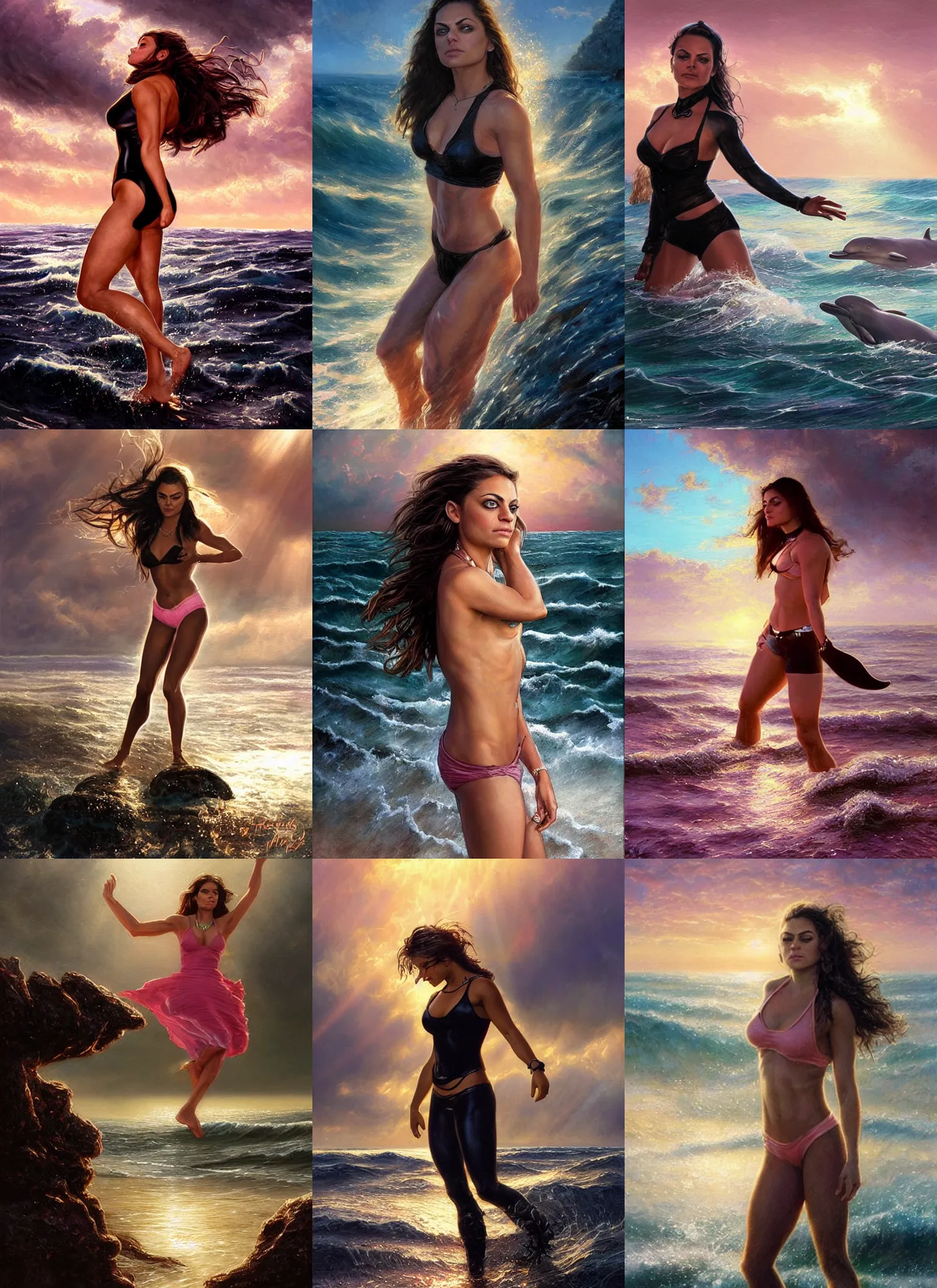 Prompt: epic portrait of six-pack muscled Mila Kunis wearing black choker, sun rays across sky, pink golden hour, stormy coast, elegant dolphins jumping from the water, intricate, highly detailed, shallow depth of field, epic vista, Ralph Horsley, Daniel F. Gerhartz, Artgerm, Boris Villajo, Lilia Alvarado