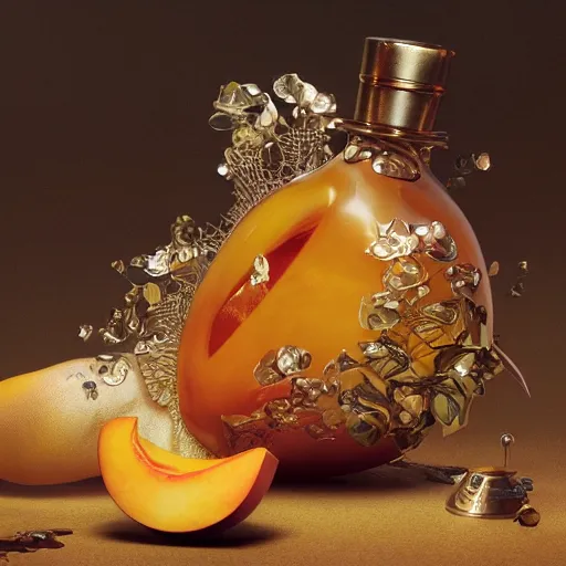 Image similar to perfume bottle surrounded by fresh, sliced peaches, path traced, environment, highly detailed, concept art, realistic, octane render, up close shot shinji aramaki, karol bak, alphonse mucha