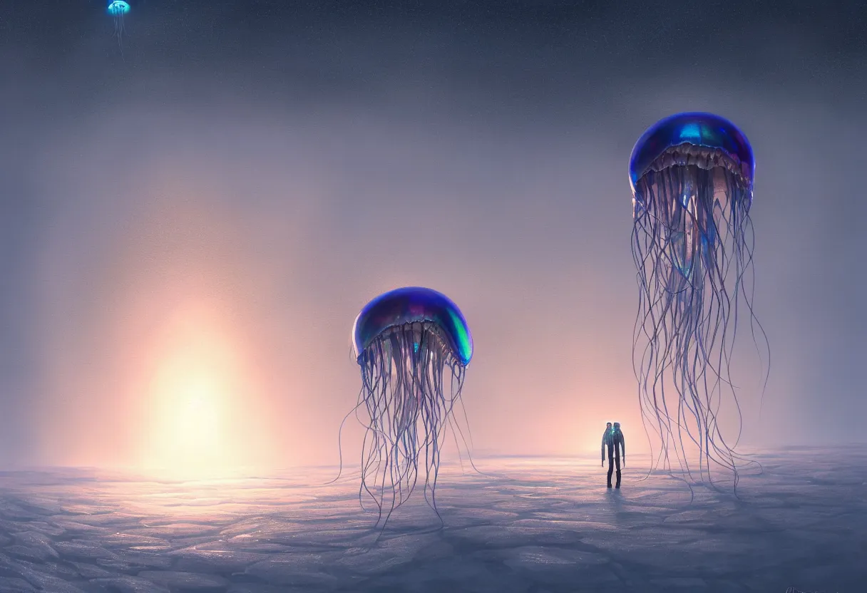 Image similar to strange transparent iridescent alien jellyfish emerging from surface of another frozen winter planet at sunset, ultra high definition, ultra detailed, symmetry, fog, matte painting, by greg rutkowski and ross tran and wlop