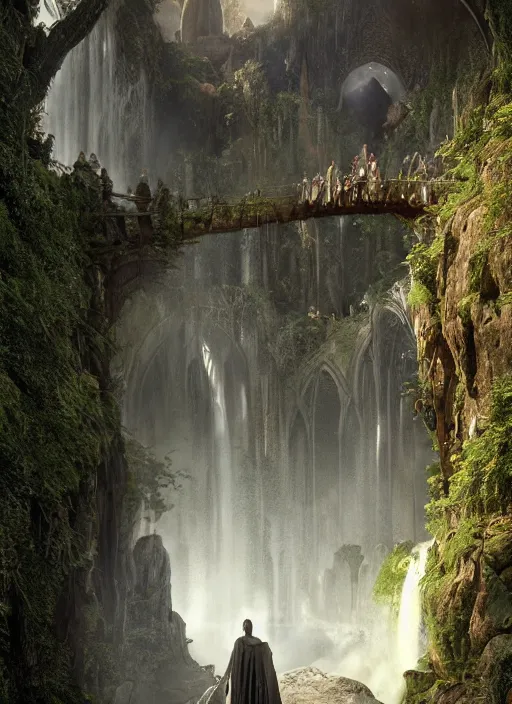 Prompt: medieval adventurers in lord of the rings scenery landscape, inside an enormous overgrown cathedral, waterfall, reflections, magic portal in the sky, highly detailed, cinematic lighting, perfect composition, 4 k, gustave dore, derek zabrocki, greg rutkowski, belsinski, octane render, cgi