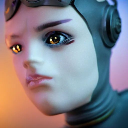 Image similar to anamorphic beautiful extreme closeup portrait photo in style of 1 9 9 0 s frontiers in miniature porcelain retrofuturism deep diving helmet fashion magazine blade runner seinen manga edition, real - life art nouvceau porcelain figurine, highly detailed, eye contact, pointe pose, soft lighting, wide shot tilt shift zaha hadid background