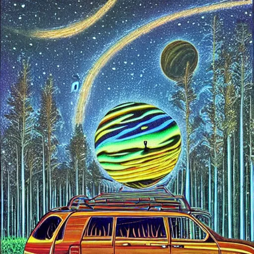 Prompt: psychedelic, trippy, dodge grand caravan, pine forest, planets, milky way, cartoon by rob gonsalves
