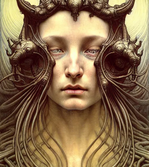 Image similar to detailed realistic beautiful young medieval alien face portrait by jean delville, gustave dore and marco mazzoni, art nouveau, symbolist, visionary, gothic, pre - raphaelite. horizontal symmetry by zdzisław beksinski, iris van herpen, raymond swanland and alphonse mucha. highly detailed, hyper - real, beautiful