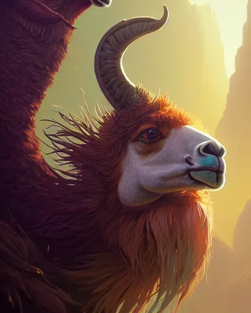 Prompt: highly detailed vfx portrait of a ferocious llama, stephen bliss, unreal engine, greg rutkowski, loish, rhads, beeple, makoto shinkai and lois van baarle, ilya kuvshinov, rossdraws, tom bagshaw, alphonse mucha, global illumination, detailed and intricate environment