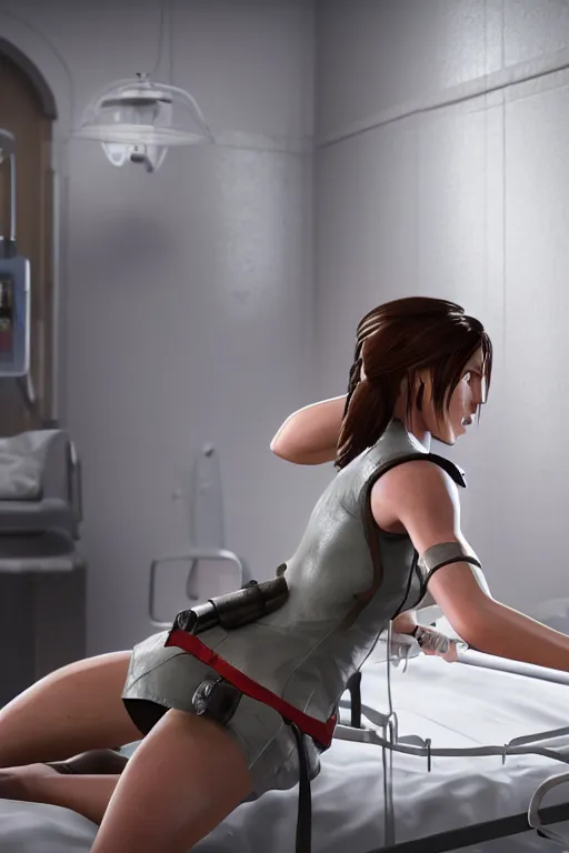 Image similar to lara croft, wearing a nurse outfit, resting on a hospital bed, real photo, hospital interior, intricate, soft lighting, cinematic composition, hyper realistic, 8k resolution, unreal engine 5